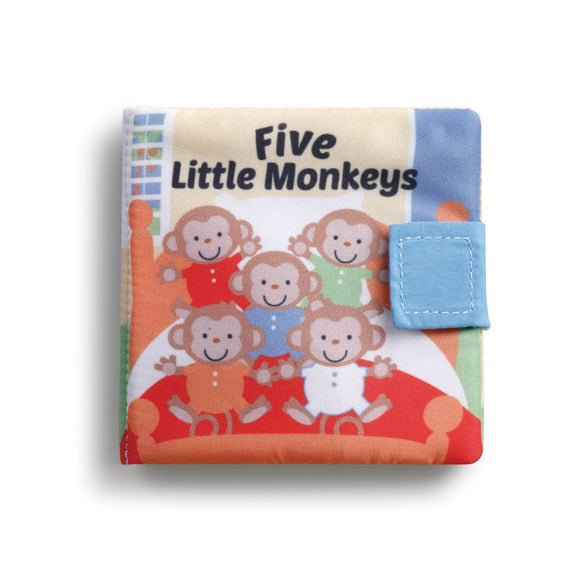 Children's book titled 'Five Little Monkeys' with monkey illustrations on a white background