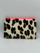 Tan, brown, and black cheetah print pencil pouch with a neon pink zipper.