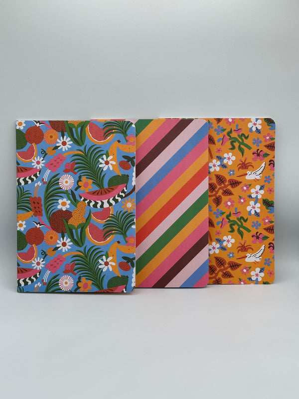 The covers of each of the three Ban-do fruity notebook set. One is blue with leaves, watermelons, and yellow and white flowers, one has pink, blue, brown, yellow, green, and red diagonal stripes, and one is yellow with red leaves, green stems, white birds, and white and pink flowers.