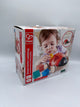 Hape Shape Sorter Ladybug box. There is an image of a ladybug with red wings and cutouts of a triangle, circle, square, and star with 4 wooden wheels. In front there is a 3d green triangle, blue star, and orange square. There is a little girl putting the 3d yellow circle through the circle cutout.  Along the left side of the box there is a red strip that says, "Shape-Sorter Ladybug, 5pcs, 12M+".